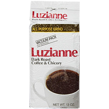 A vacuum-sealed bag of Luzianne Dark Roast Coffee & Chicory